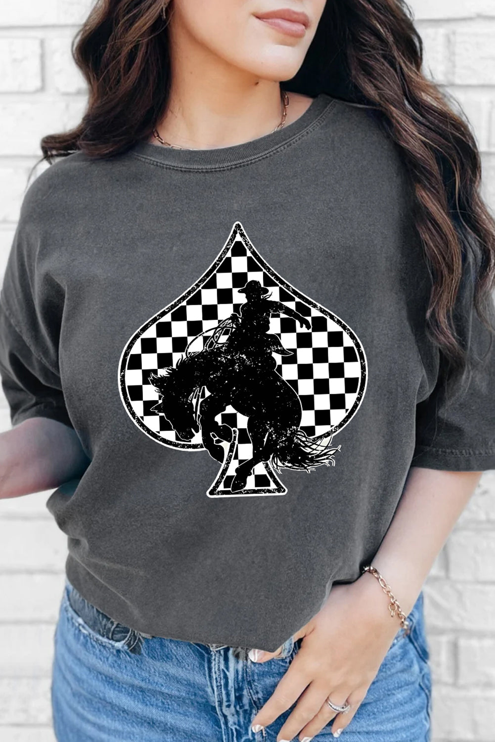Gray Redeo Check Spades Western Graphic T Shirt-Graphic/Graphic Tees-[Adult]-[Female]-2022 Online Blue Zone Planet