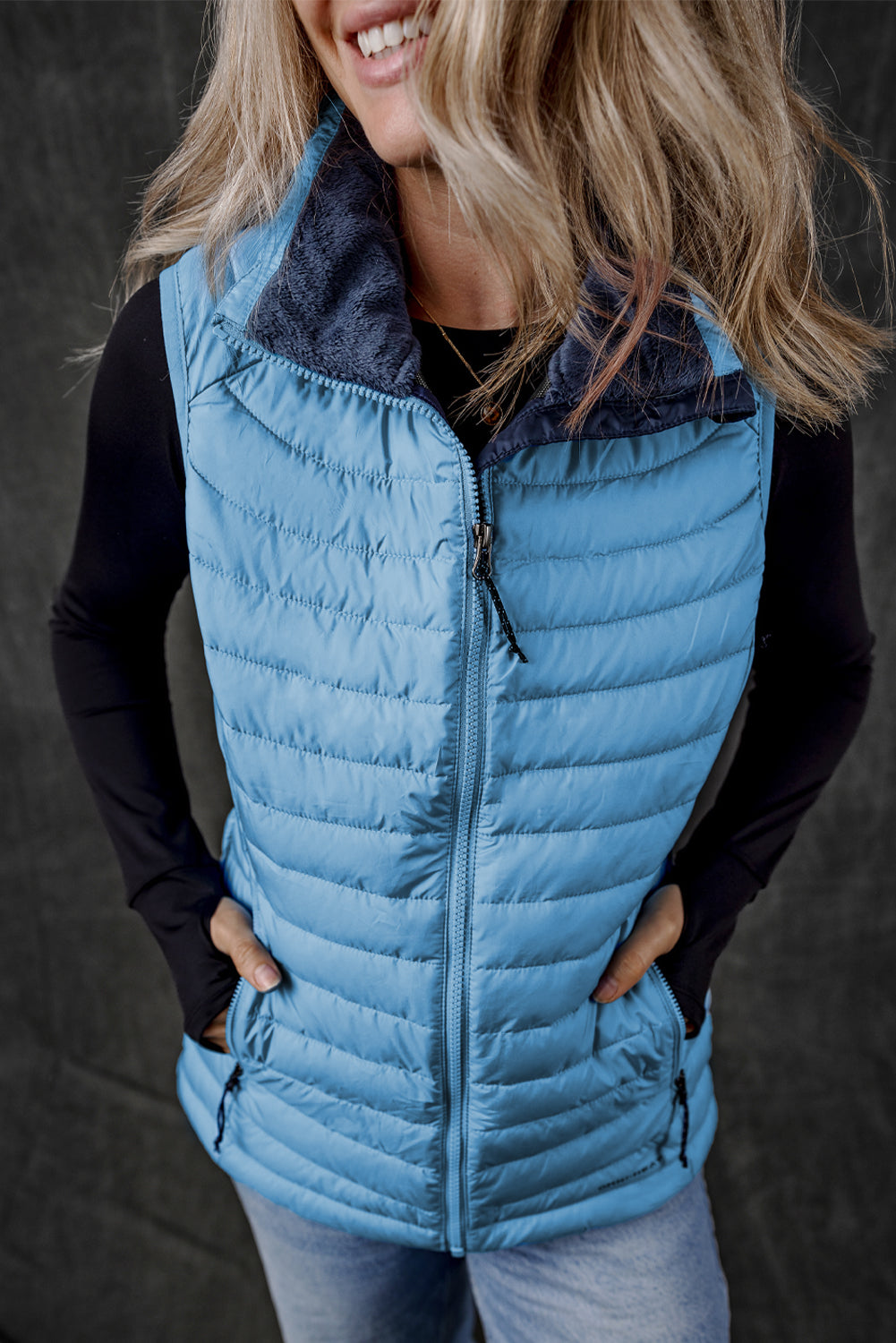 Blue Zone Planet | Silvery Plush Collared Quilted Zipped Puffer Vest-Outerwear/Vests-[Adult]-[Female]-2022 Online Blue Zone Planet