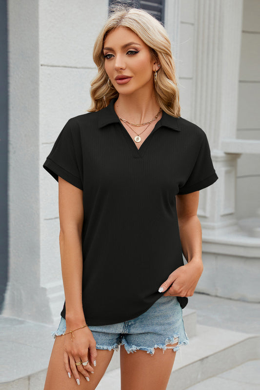 Johnny Collar Short Sleeve Blouse-TOPS / DRESSES-[Adult]-[Female]-Black-S-2022 Online Blue Zone Planet