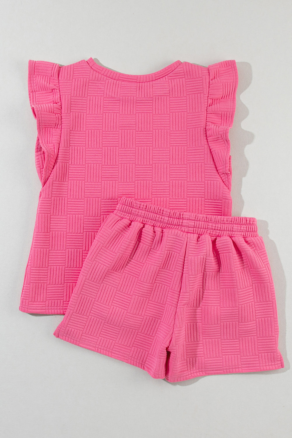 Bonbon Textured Ruffled Sleeve Tee and Drawstring Elastic Waistband Shorts Set-Two Piece Sets/Short Sets-[Adult]-[Female]-2022 Online Blue Zone Planet