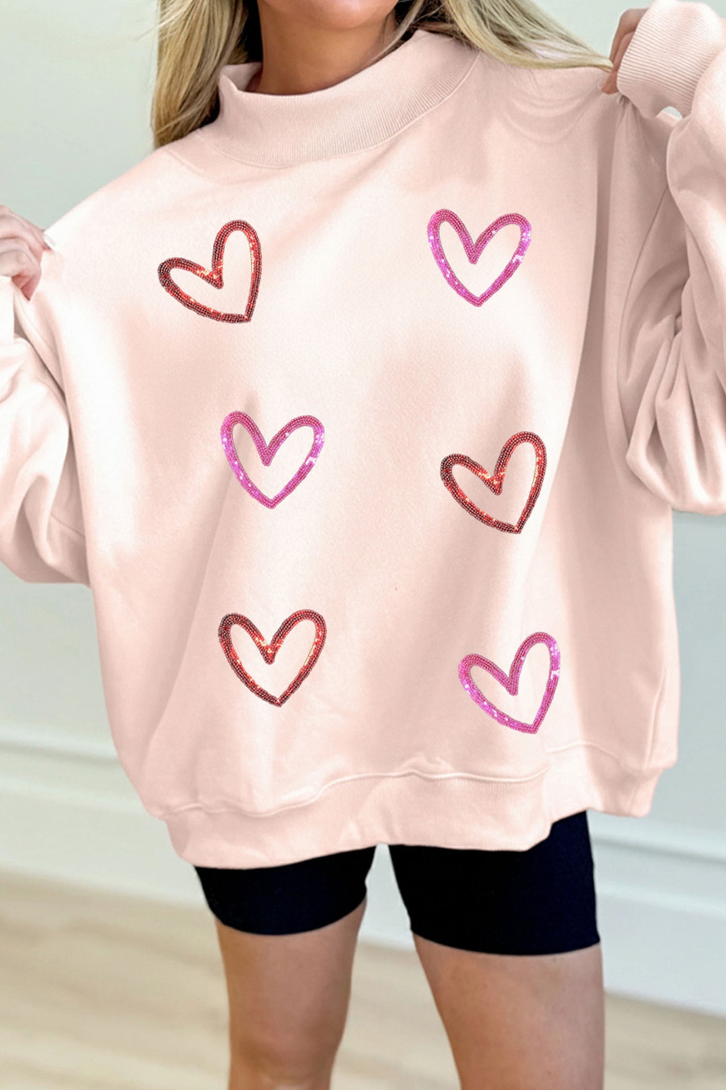 Apricot Pink Sequin Heart Sketch Patched Mock Neck Sweatshirt-Graphic Sweatshirts-[Adult]-[Female]-2022 Online Blue Zone Planet