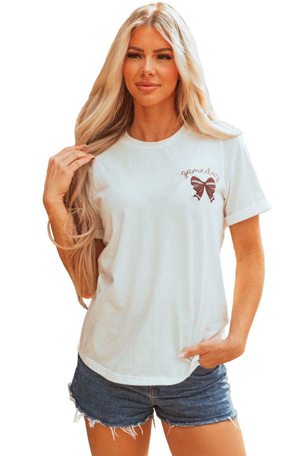 White Game Day Bowknot Embroidered Graphic Casual Tee-Graphic/Graphic Tees-[Adult]-[Female]-2022 Online Blue Zone Planet
