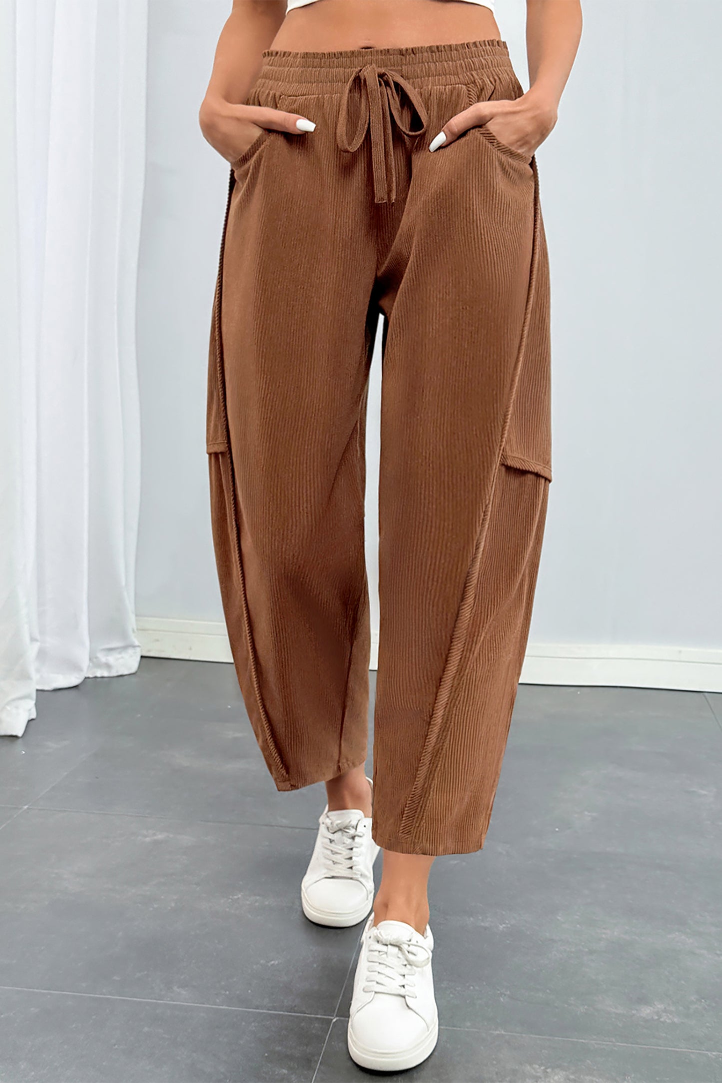 Coffee Corduroy Elastic Waist Drawstring Cargo Pants