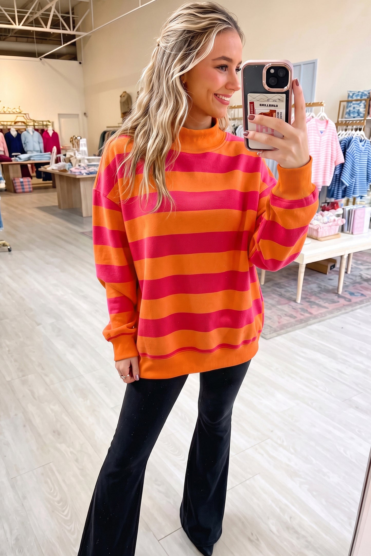 Rose Stripe Colorblock Mock Neck Relaxed Sweatshirt