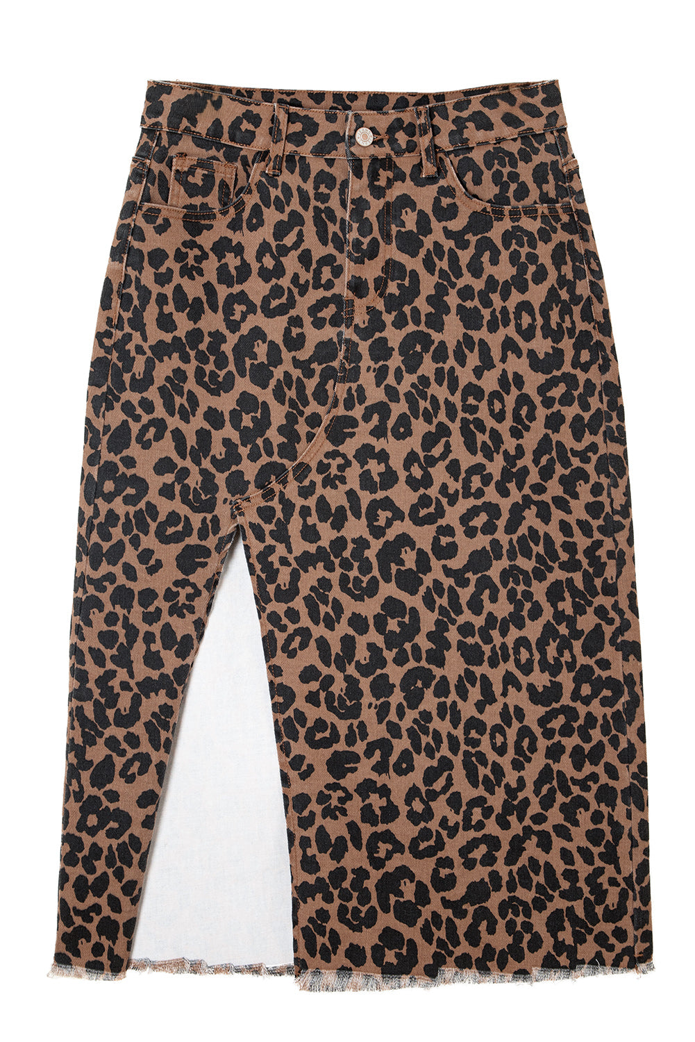 Brown Leopard Denim Frayed Split Denim Midi Skirt-Bottoms/Skirts & Petticoat-[Adult]-[Female]-2022 Online Blue Zone Planet