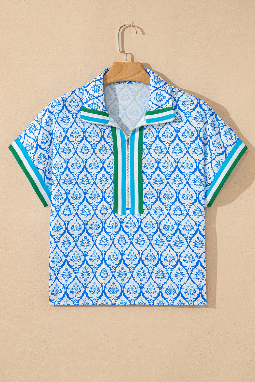 Sky Blue Western Print Zipped Collar Short Sleeve Summer Blouse Top-Tops/Blouses & Shirts-[Adult]-[Female]-2022 Online Blue Zone Planet