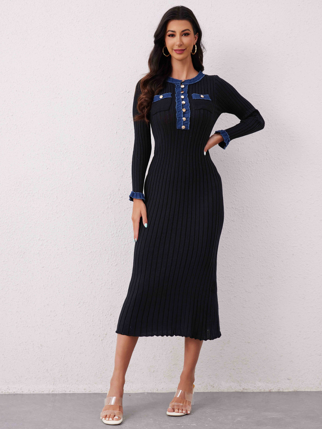 Blue Zone Planet | Contrast Trim Round Neck Long Sleeve Sweater Dress-TOPS / DRESSES-[Adult]-[Female]-2022 Online Blue Zone Planet