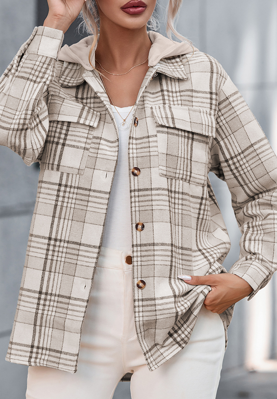 Plaid Removable Hood Button Up Shacket-TOPS / DRESSES-[Adult]-[Female]-2022 Online Blue Zone Planet