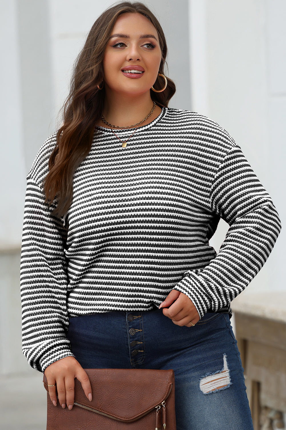 Rose Stripe Round Neck Drop Shoulder Long Sleeve Top-Tops/Long Sleeve Tops-[Adult]-[Female]-2022 Online Blue Zone Planet