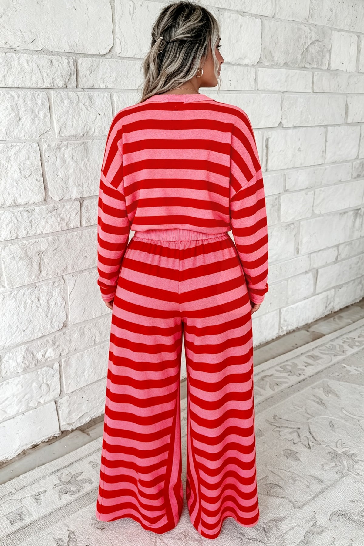 Red Stripe Two-Piece Drop Shoulder Pullover Loose Pants Set-Two Piece Sets/Pant Sets-[Adult]-[Female]-2022 Online Blue Zone Planet