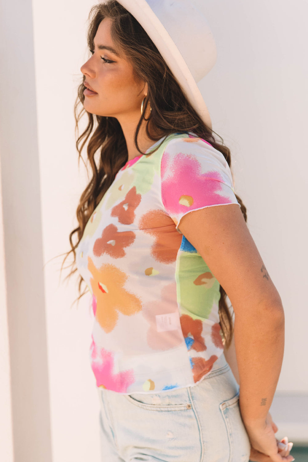 Multicolour Floral Mesh Lettuce Trim Cropped T Shirt-Tops/Tops & Tees-[Adult]-[Female]-2022 Online Blue Zone Planet