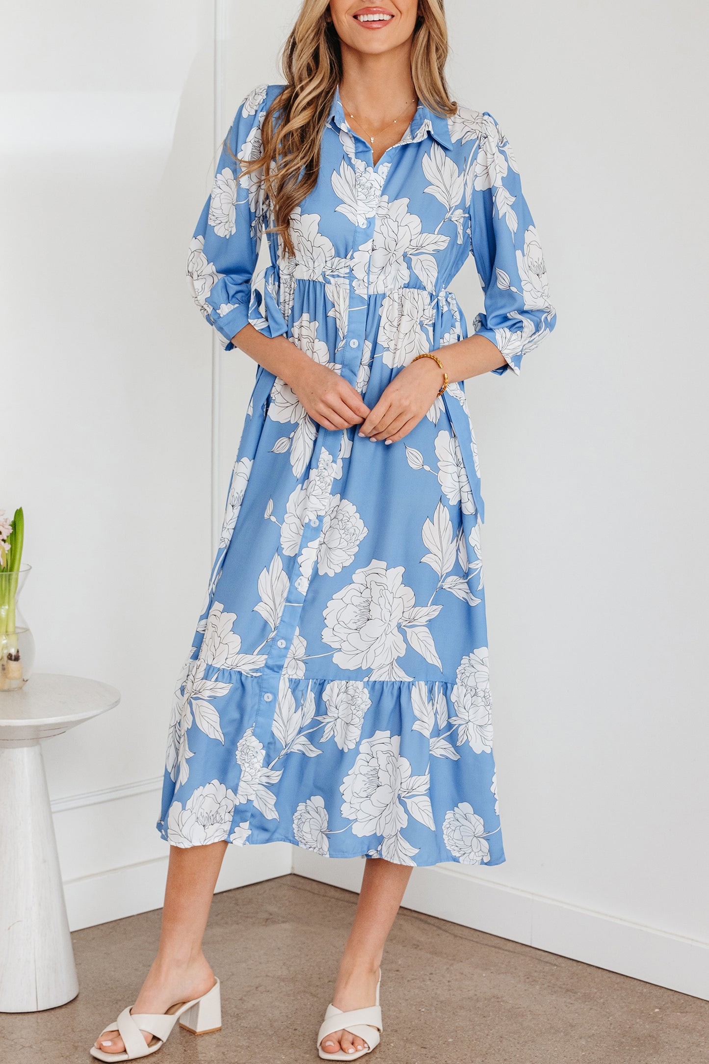 Sky Blue Floral Print Shirt Collar Button Down 3/4 Sleeve Ruffle Hem Long Dress-TOPS / DRESSES-[Adult]-[Female]-2022 Online Blue Zone Planet
