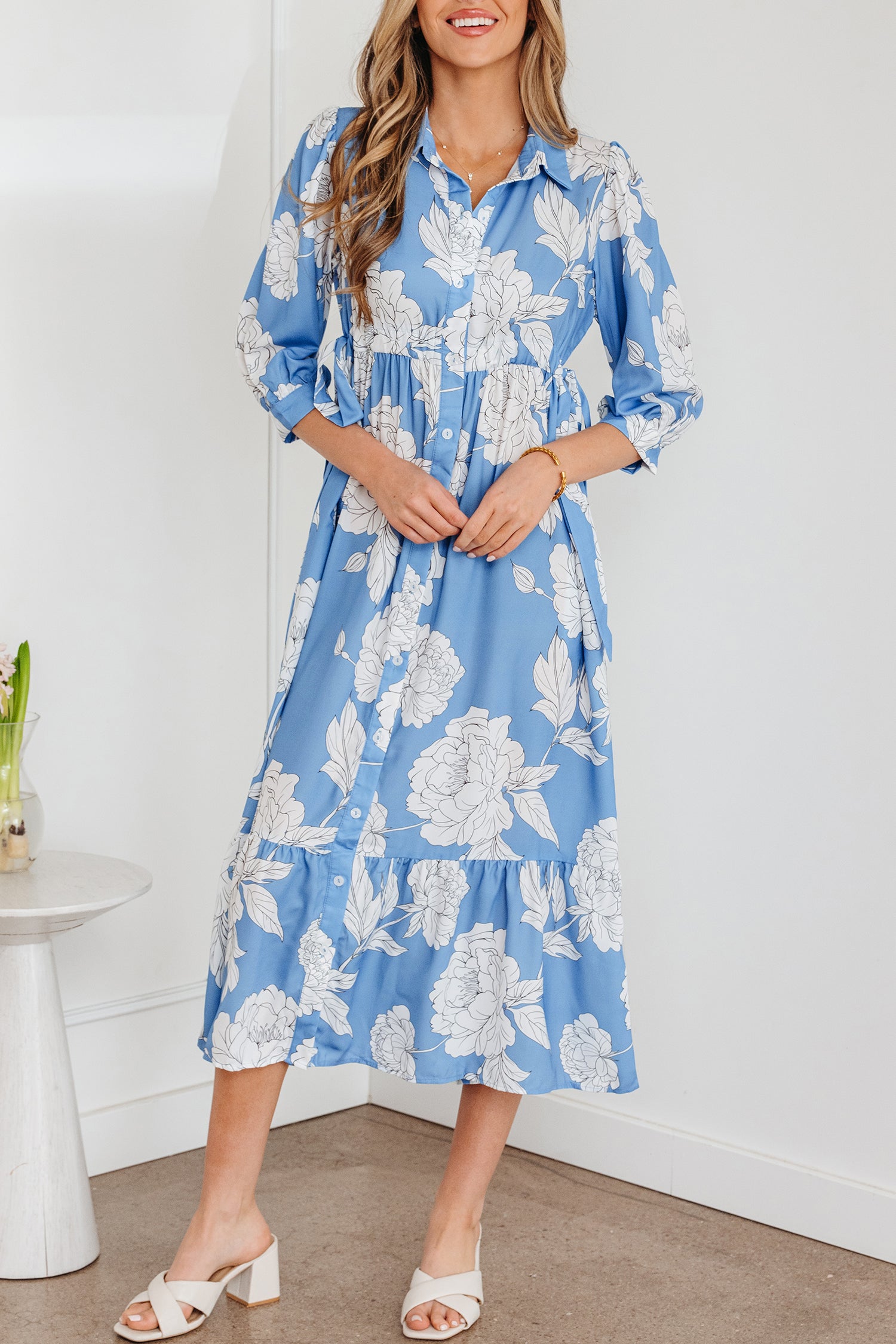 Sky Blue Floral Print Shirt Collar Button Down 3/4 Sleeve Ruffle Hem Long Dress-TOPS / DRESSES-[Adult]-[Female]-2022 Online Blue Zone Planet