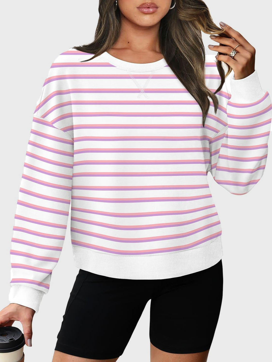 Lovelet Striped Round Neck Long Sleeve Sweatshirt-TOPS / DRESSES-[Adult]-[Female]-Dusty Pink-S-2022 Online Blue Zone Planet