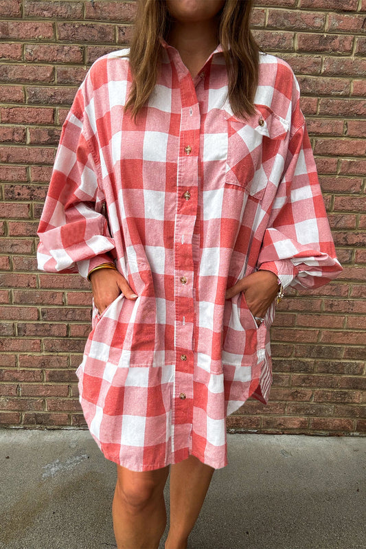 Blue Zone Planet | Pink Oversized Plaid Puff Sleeve Round Hem Shirt Dress-TOPS / DRESSES-[Adult]-[Female]-Pink-S-2022 Online Blue Zone Planet