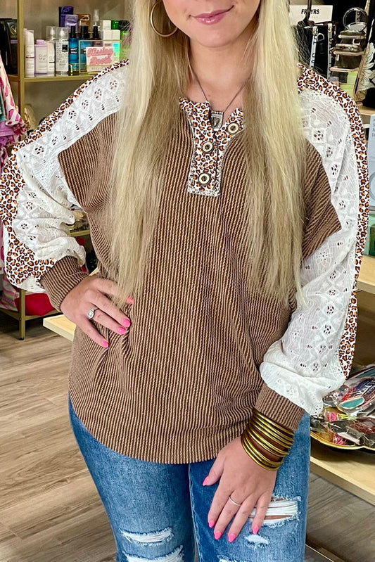 Dark Khaki Twisted Ribbed Leopard Lace Contrast Patchwork Long Sleeve Top-Tops/Long Sleeve Tops-[Adult]-[Female]-Dark Khaki-S-2022 Online Blue Zone Planet