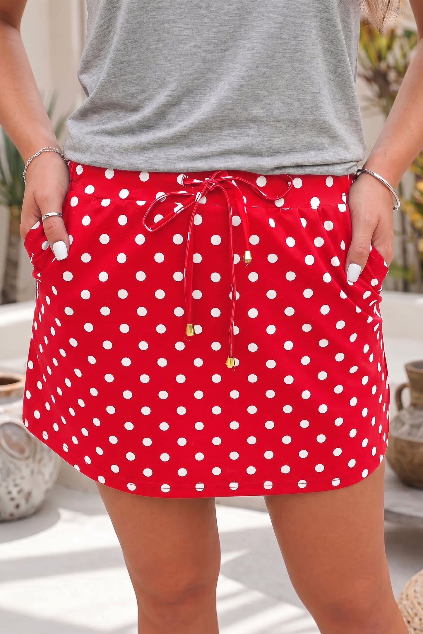 Fiery Red Polka Dot Drawstring Casual Mini Skort-Bottoms/Skirts & Petticoat-[Adult]-[Female]-2022 Online Blue Zone Planet