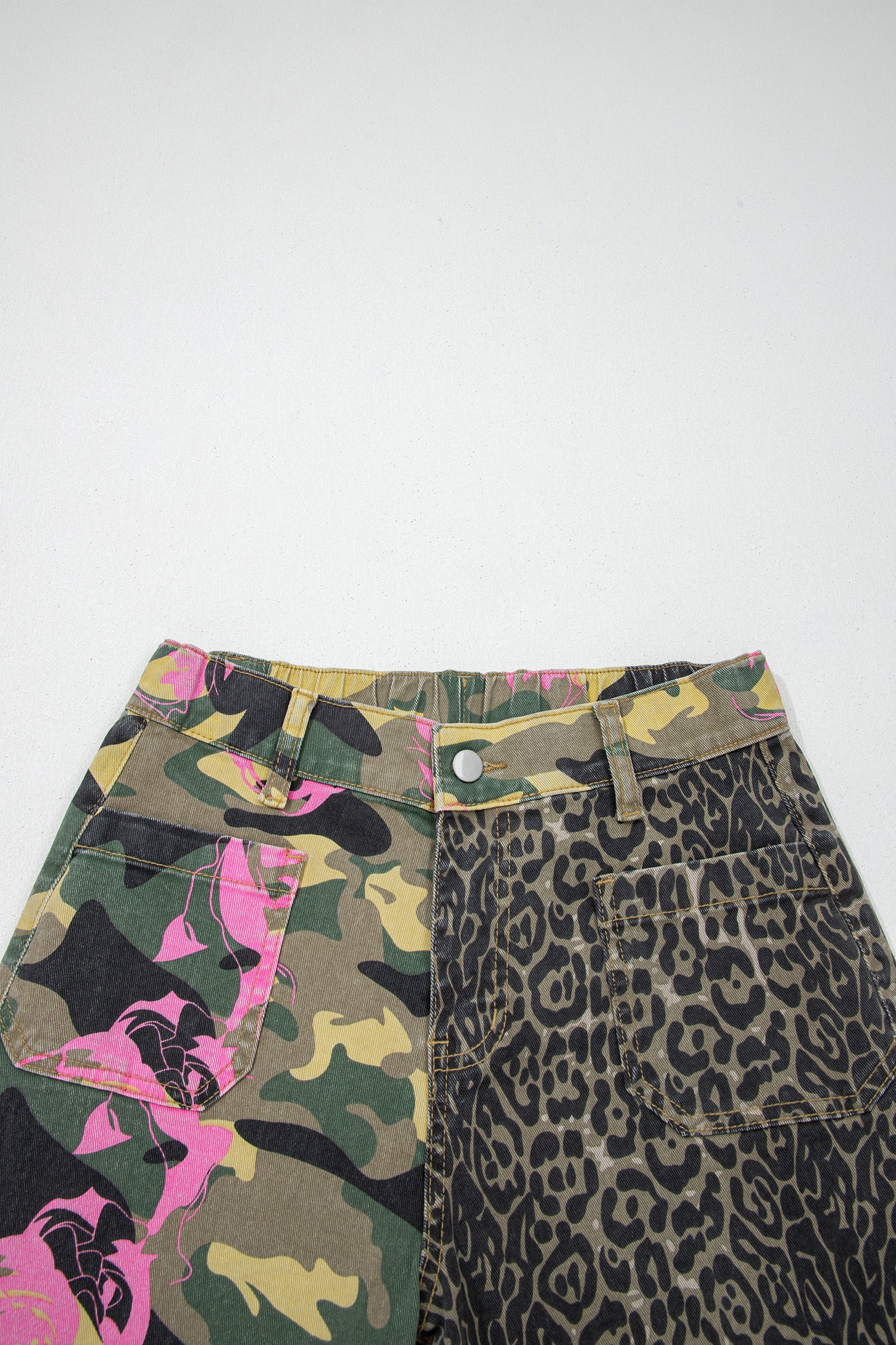 Multicolour Abstract Camouflage Print Contrast Leopard Patchwork Straight Leg Jeans-Bottoms/Jeans-[Adult]-[Female]-2022 Online Blue Zone Planet