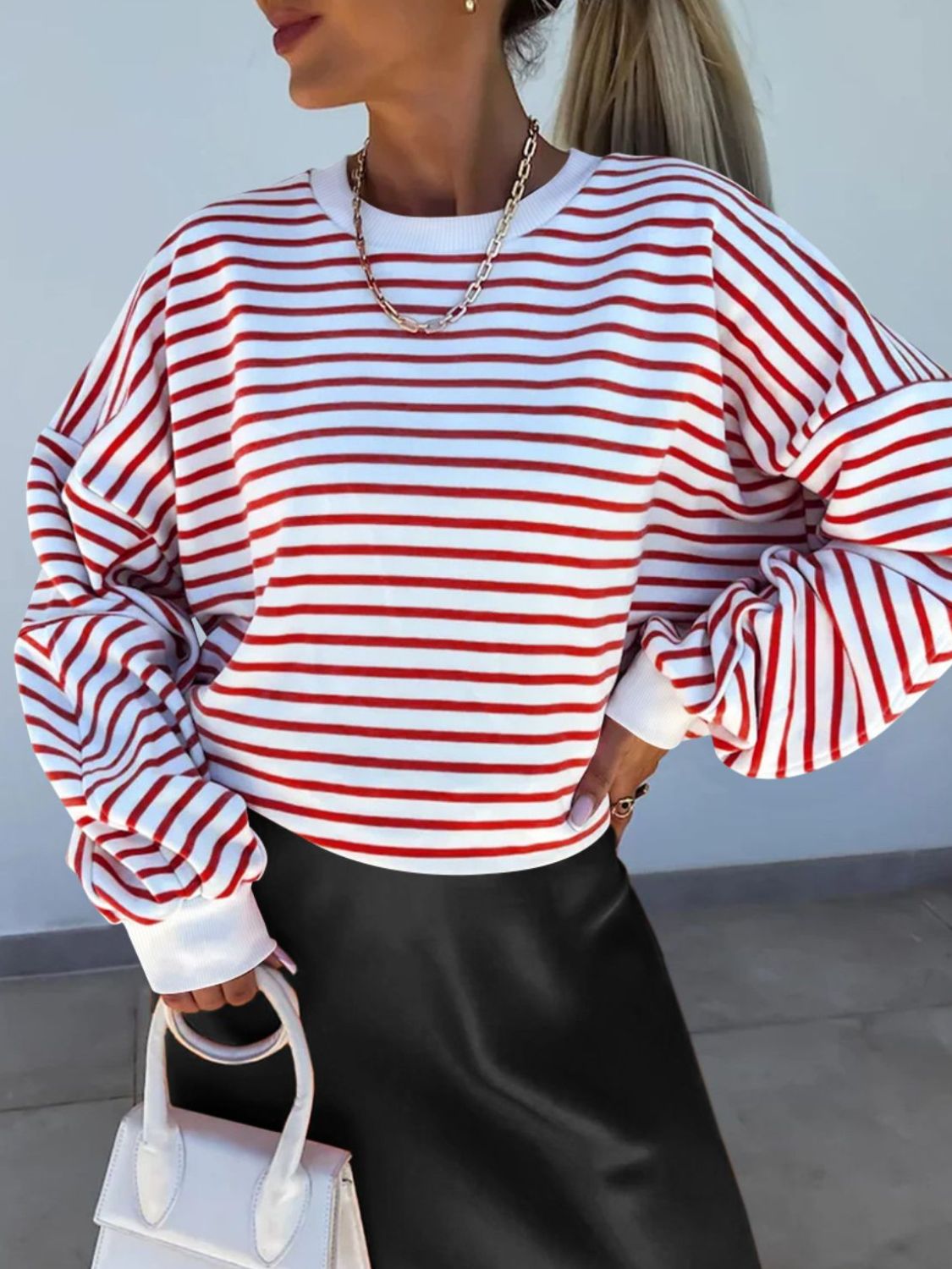 Full Size Striped Round Neck Long Sleeve Sweatshirt Plus Size-TOPS / DRESSES-[Adult]-[Female]-2022 Online Blue Zone Planet