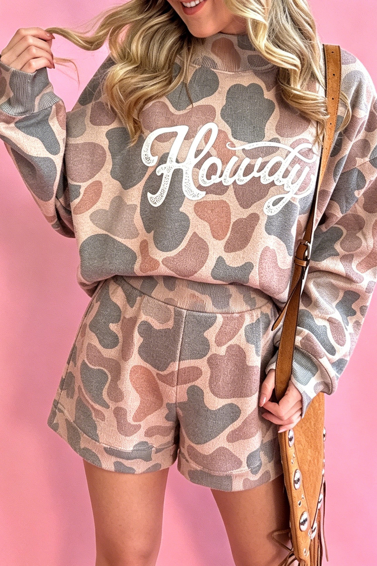 Multicolour Howdy Camouflage High Neck Long Sleeve Top and Shorts Set-Two Piece Sets/Short Sets-[Adult]-[Female]-Multicolour-S-2022 Online Blue Zone Planet