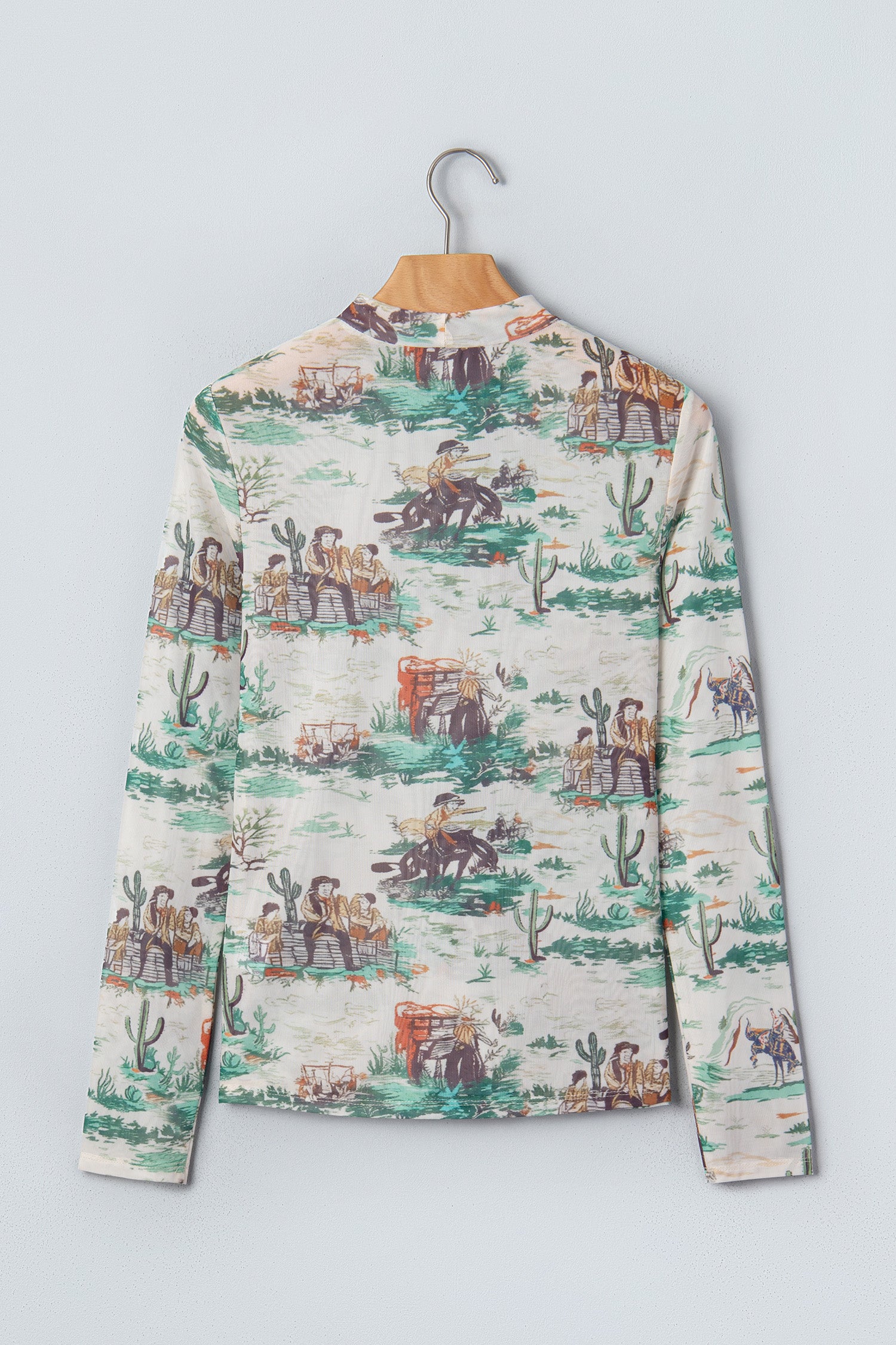Green Western Print Long Sleeve Round Neck Slim Top-Tops/Long Sleeve Tops-[Adult]-[Female]-2022 Online Blue Zone Planet