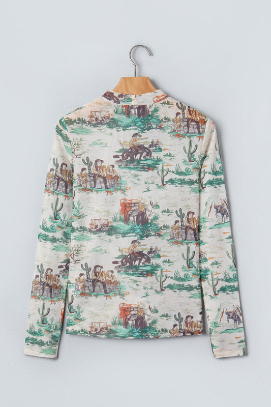 Green Western Print Long Sleeve Round Neck Slim Top-Tops/Long Sleeve Tops-[Adult]-[Female]-2022 Online Blue Zone Planet