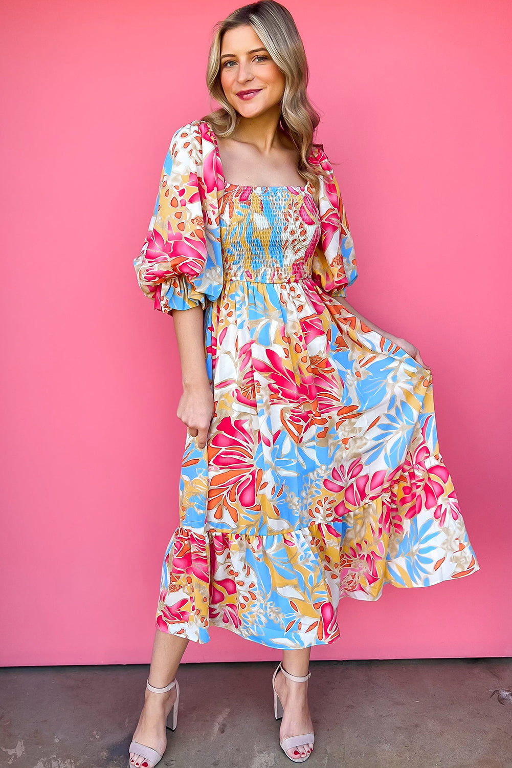 Rose Red Tropical Print Smocked Bodice Puff Sleeve Midi Dress-Midi Dresses-[Adult]-[Female]-2022 Online Blue Zone Planet