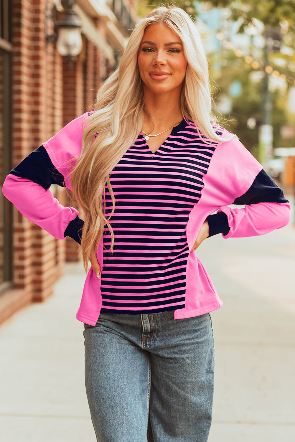 Pink Stripe Color Block V Neck Loose Fit Long Sleeve Top-Tops/Long Sleeve Tops-[Adult]-[Female]-2022 Online Blue Zone Planet