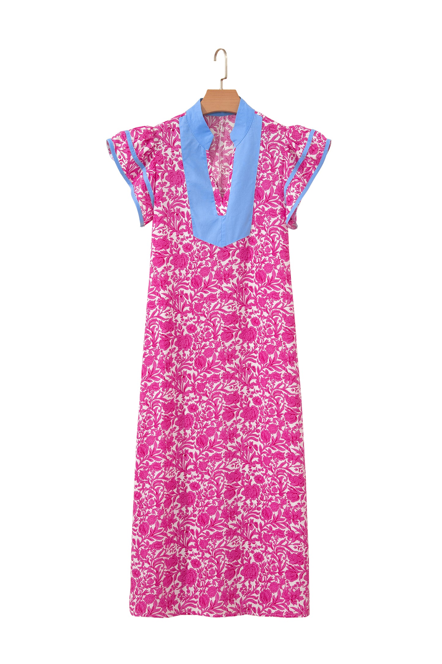 Pink Floral Print Color Block Patchwork V Neck Short Sleeve Midi Dress-TOPS / DRESSES-[Adult]-[Female]-2022 Online Blue Zone Planet