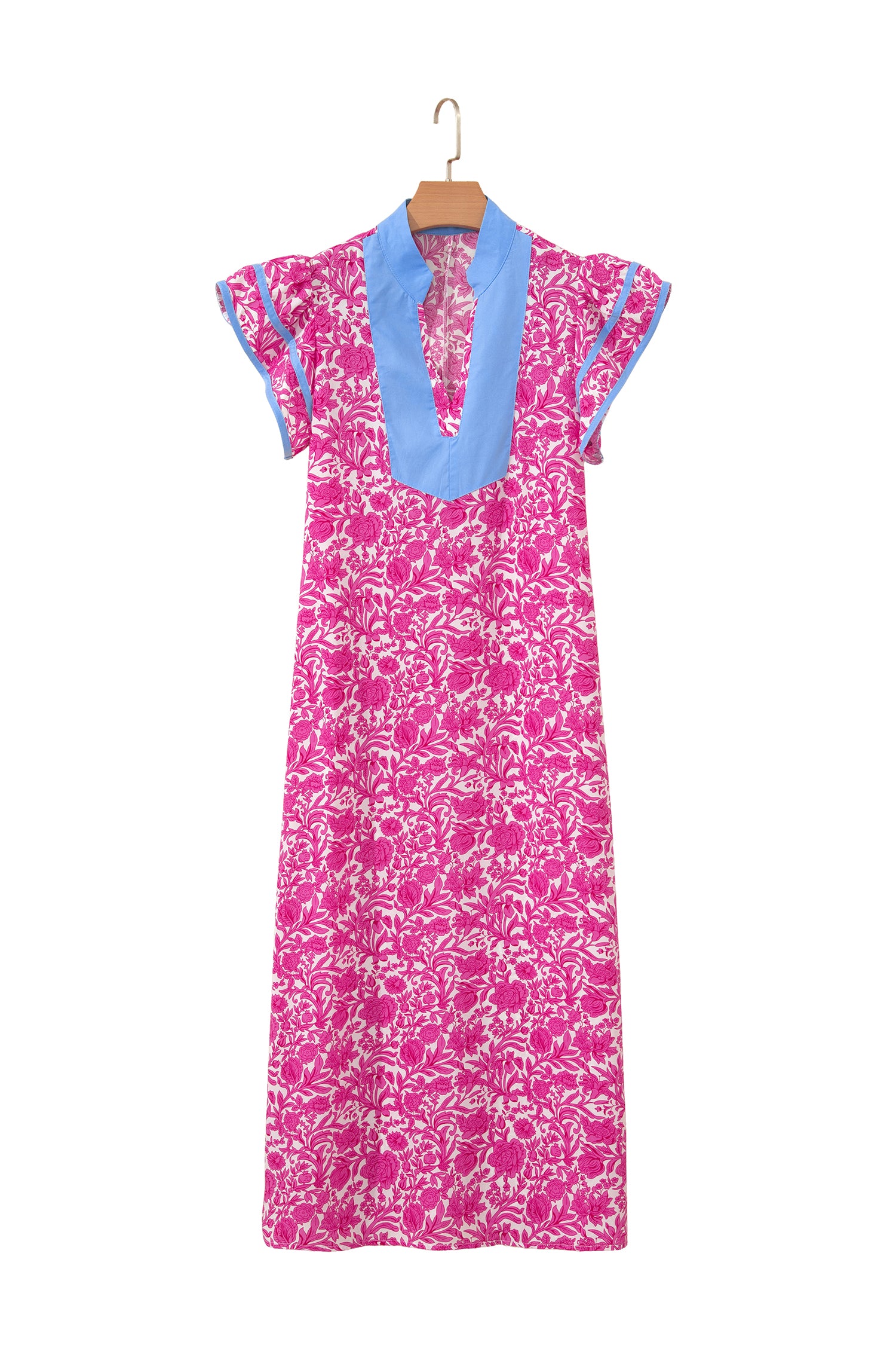 Pink Floral Print Color Block Patchwork V Neck Short Sleeve Midi Dress-TOPS / DRESSES-[Adult]-[Female]-2022 Online Blue Zone Planet
