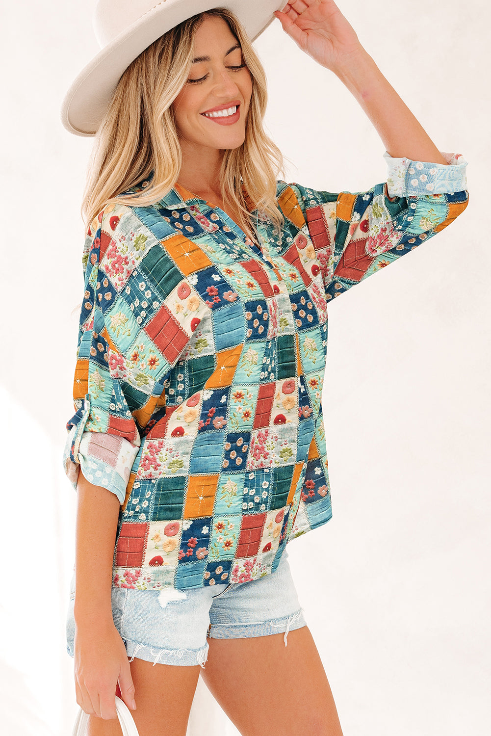 Sky Blue Floral Collared V Neck Roll up Sleeve Shift Blouse-Tops/Blouses & Shirts-[Adult]-[Female]-2022 Online Blue Zone Planet