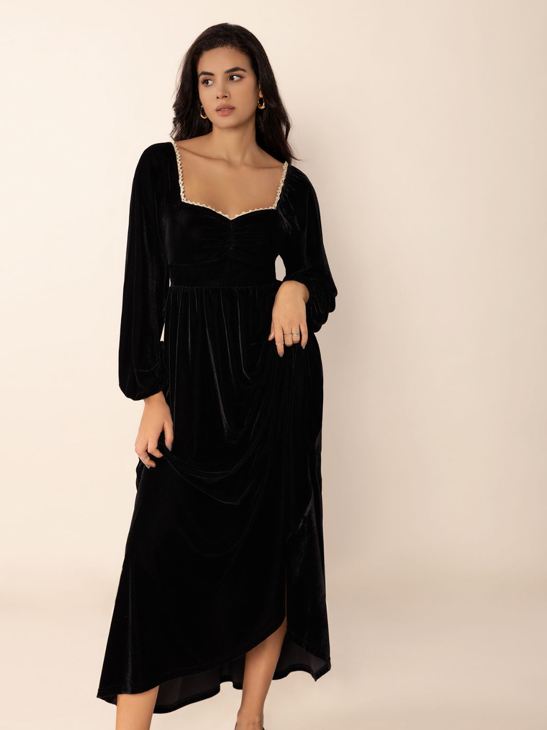 Sweetheart Neck Long Sleeve Midi Dress-TOPS / DRESSES-[Adult]-[Female]-Black-S-2022 Online Blue Zone Planet