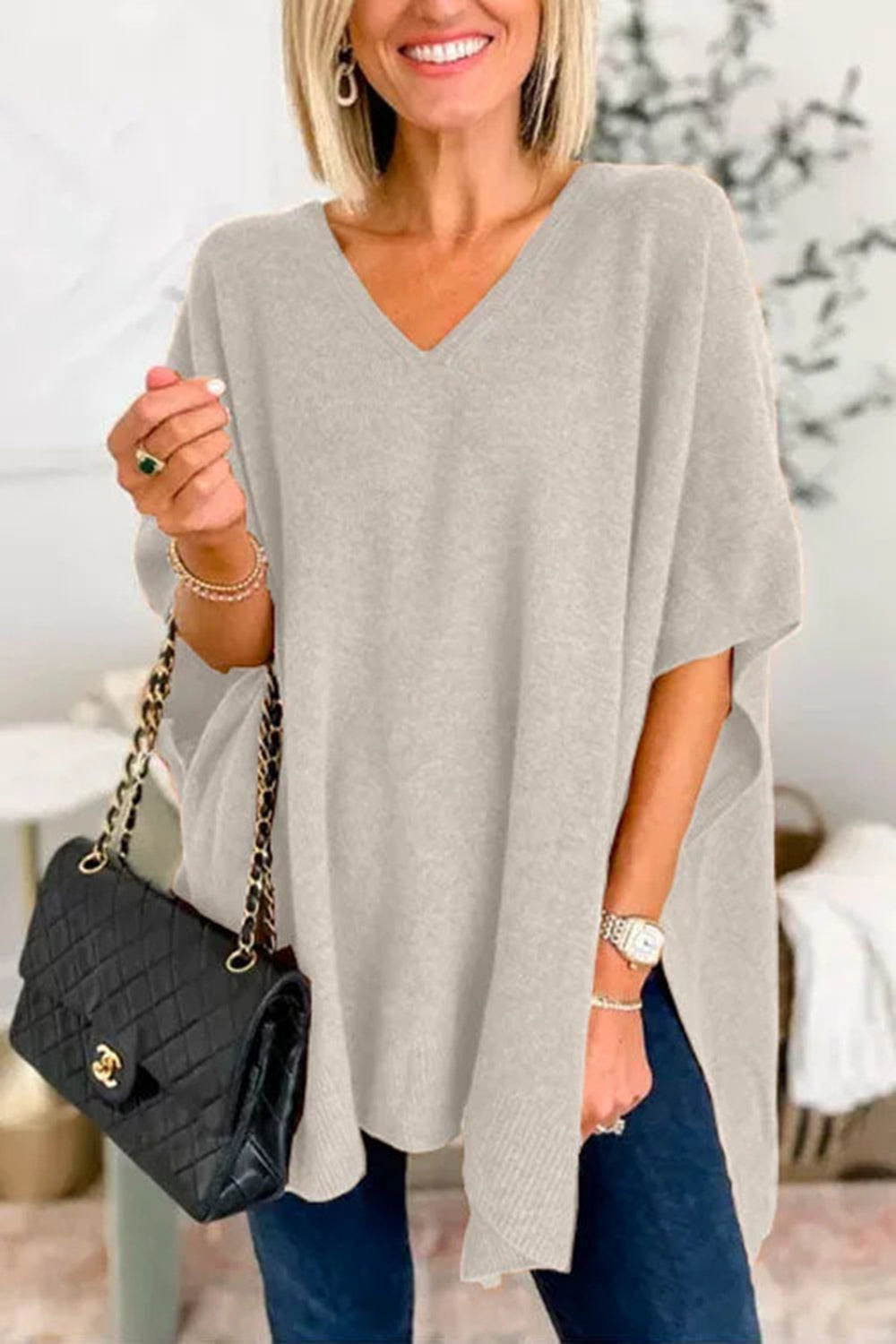 Slit V-Neck Half Sleeve Knit Top-TOPS / DRESSES-[Adult]-[Female]-Light Gray-S-2022 Online Blue Zone Planet