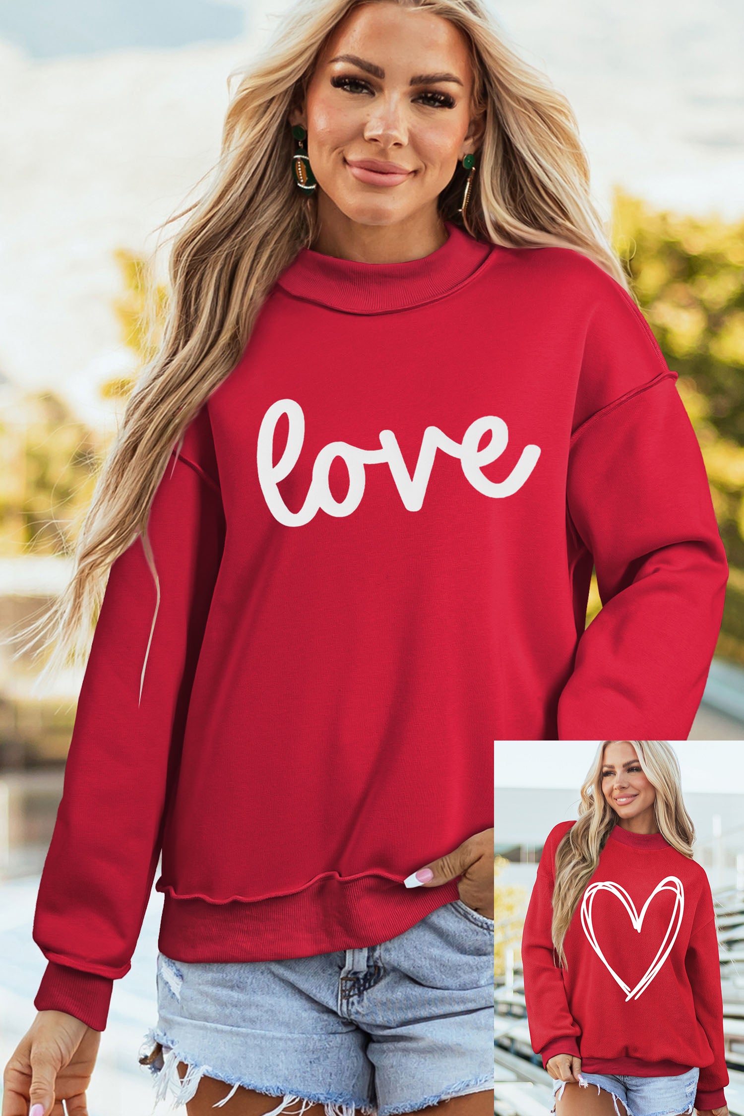 Racing Red Valentines Day Heart Love Script Reversible Printed Double Wear Mock Neck Sweatshirt-Graphic/Graphic Sweatshirts-[Adult]-[Female]-2022 Online Blue Zone Planet