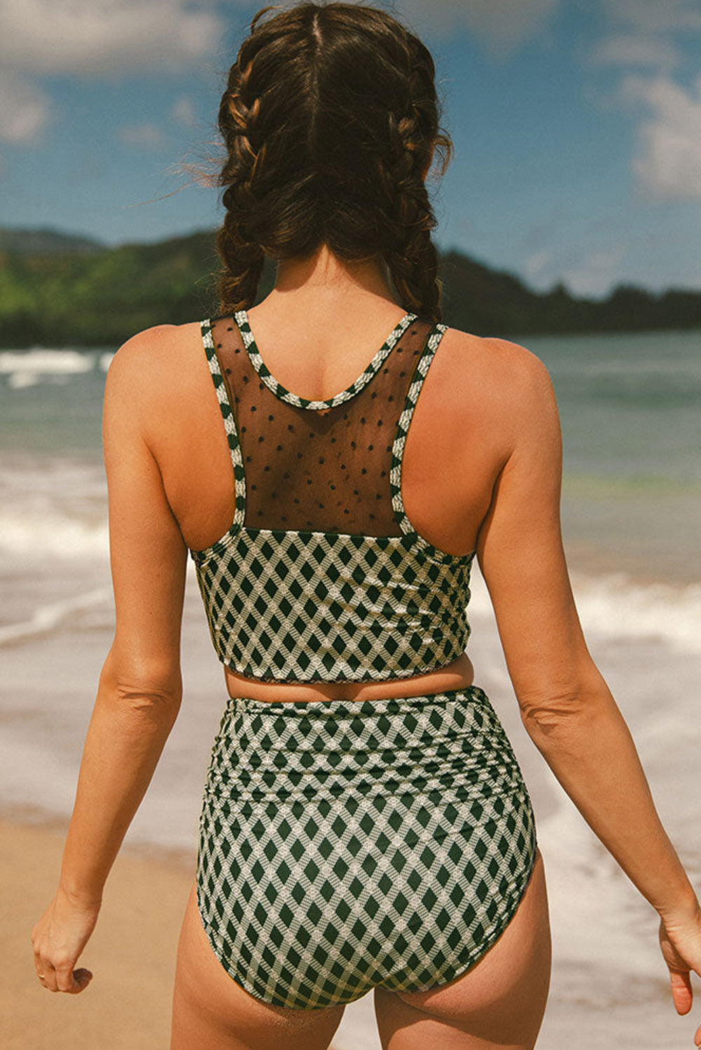 Green Dotted Mesh Plaid Patchwork High Waisted Bikini-Swimwear/Bikinis-[Adult]-[Female]-2022 Online Blue Zone Planet