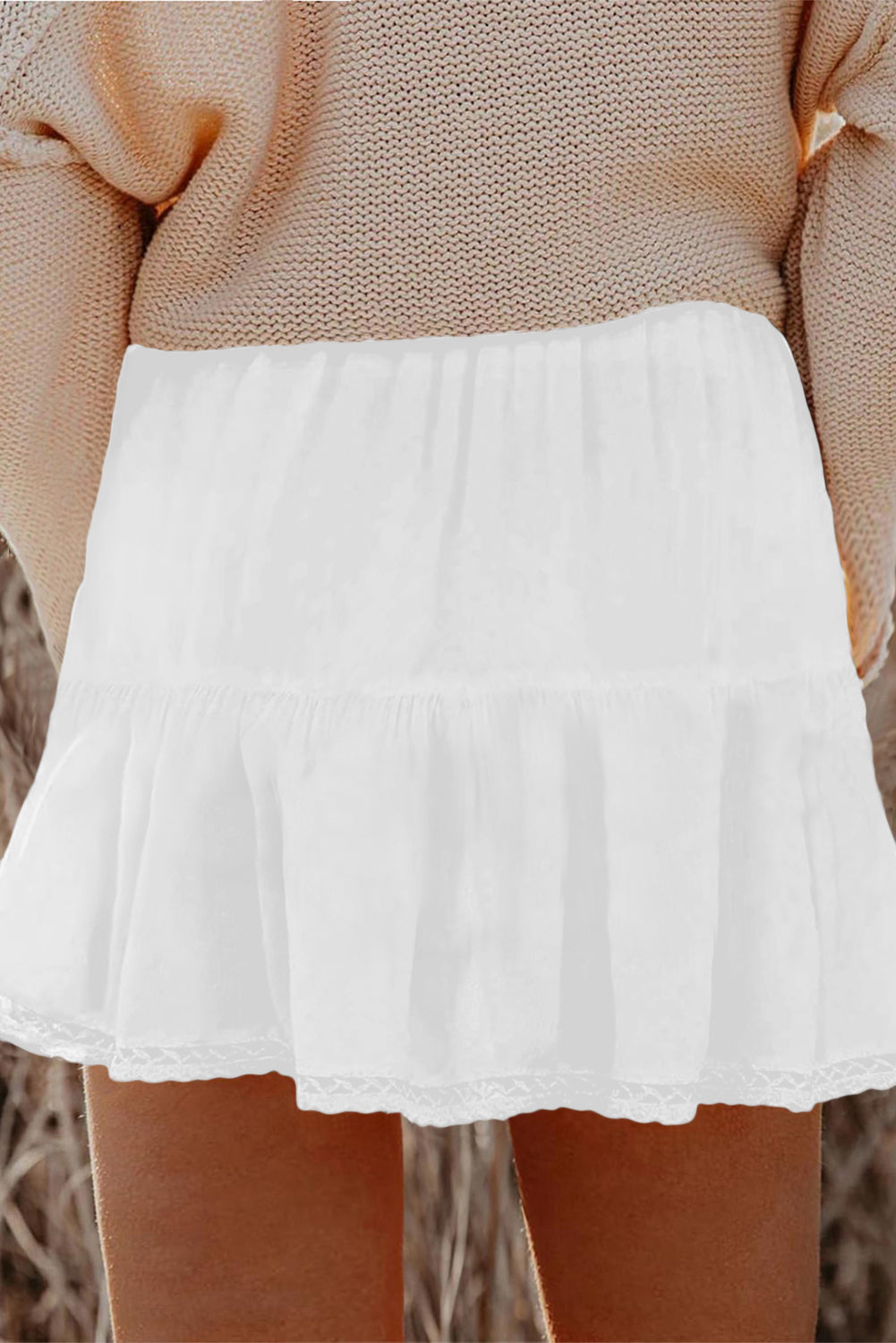 White Plus Size Frilled Elastic Waist Lace Trim Boho Ruffled Shorts-Plus Size/Plus Size Bottoms-[Adult]-[Female]-2022 Online Blue Zone Planet