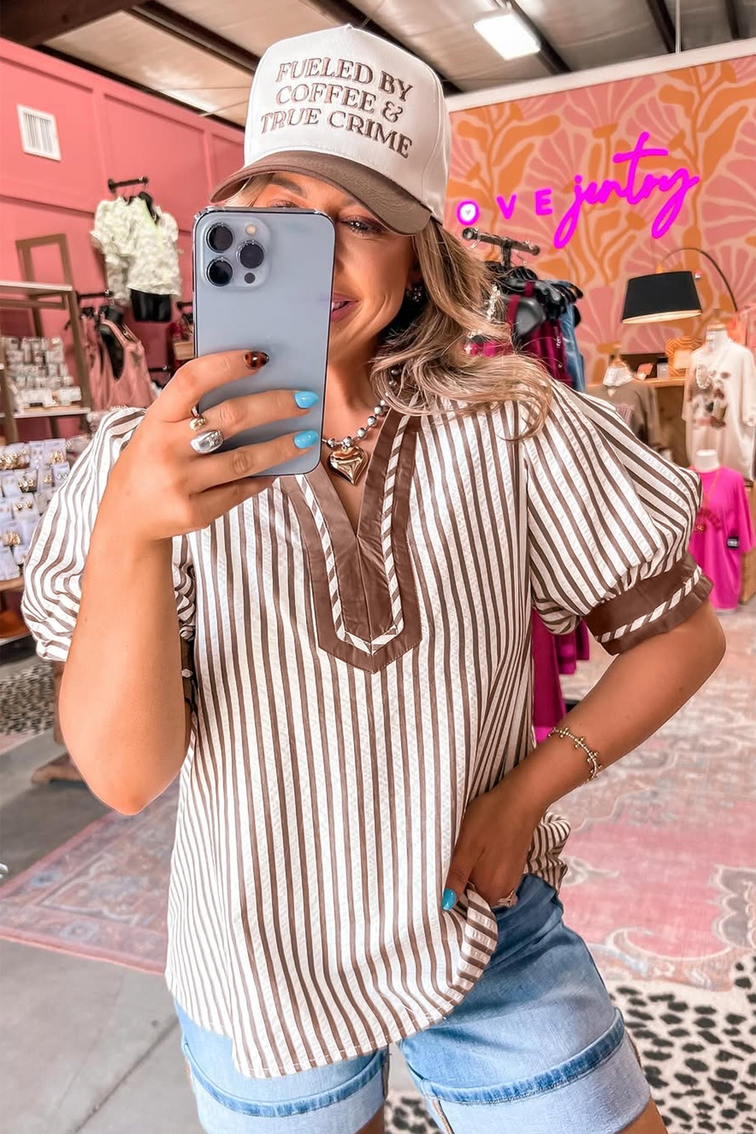Khaki Stripe Collared Split Neck Short Bubble Sleeve Blouse-Tops/Blouses & Shirts-[Adult]-[Female]-2022 Online Blue Zone Planet