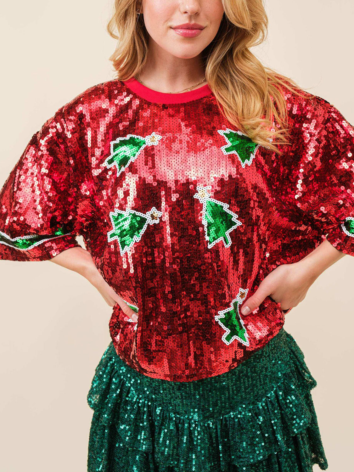 Blue Zone Planet | Sequin Round Neck Half Sleeve Top-TOPS / DRESSES-[Adult]-[Female]-2022 Online Blue Zone Planet