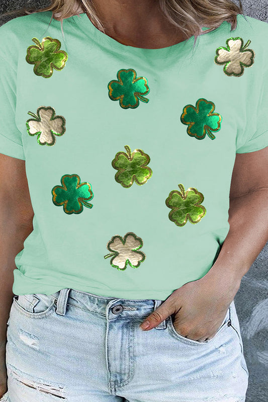 Iceland Blue Four Leaf Clover Patched Graphic St Patrick Plus Size Tee-Graphic/Graphic Plus Size-[Adult]-[Female]-Iceland Blue-1X-2022 Online Blue Zone Planet