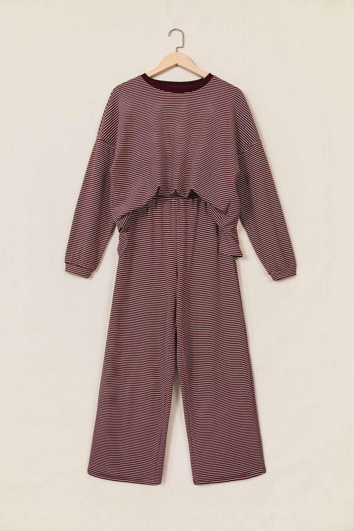 Brown Stripe Contrast Trim Round Neck Oversize Long Sleeve Top 2pcs Pant Set-Two Piece Sets/Pant Sets-[Adult]-[Female]-2022 Online Blue Zone Planet