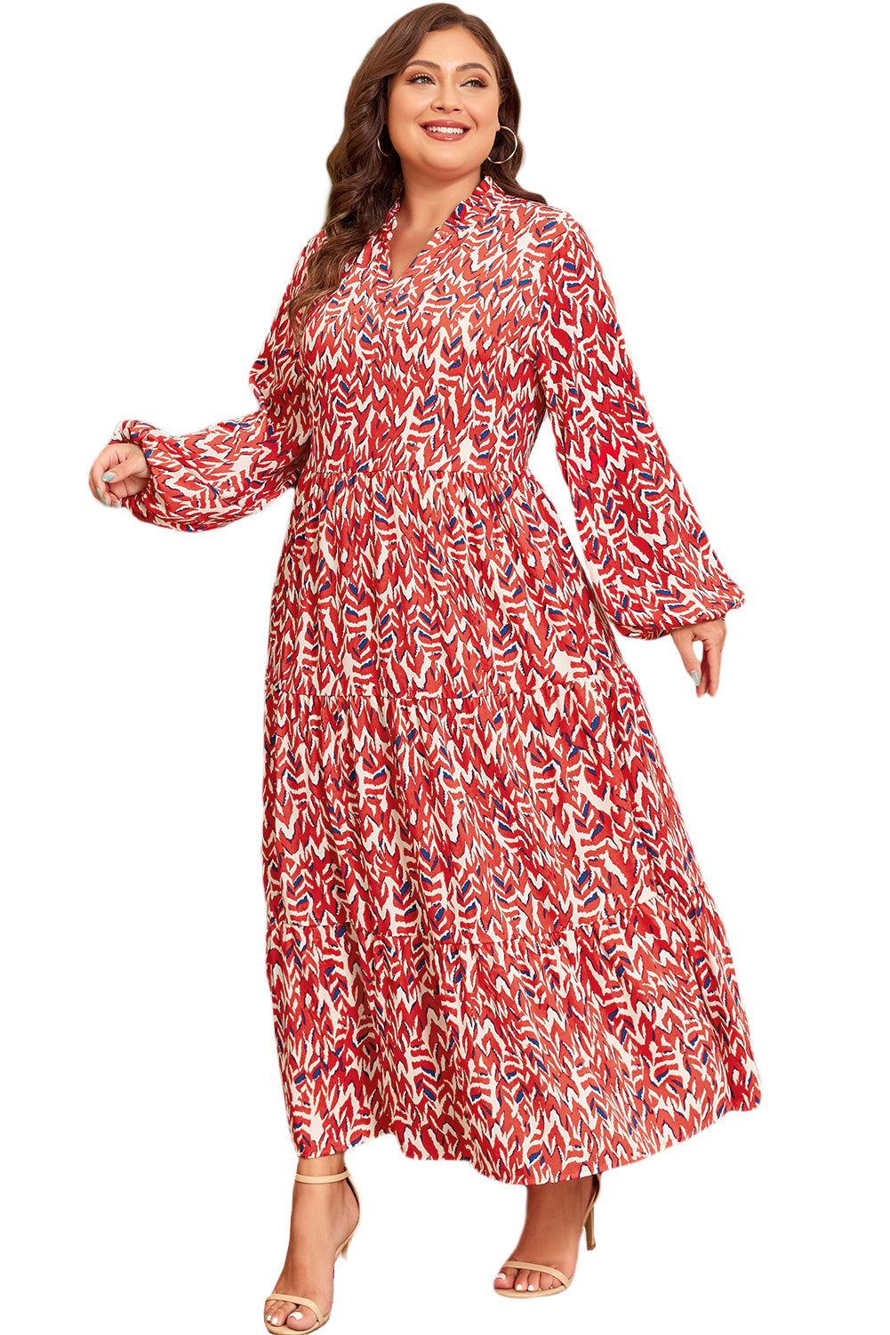 Blue Zone Planet | Red Plus Size Abstract Print Notch V Neck High Waist Maxi Dress-TOPS / DRESSES-[Adult]-[Female]-2022 Online Blue Zone Planet