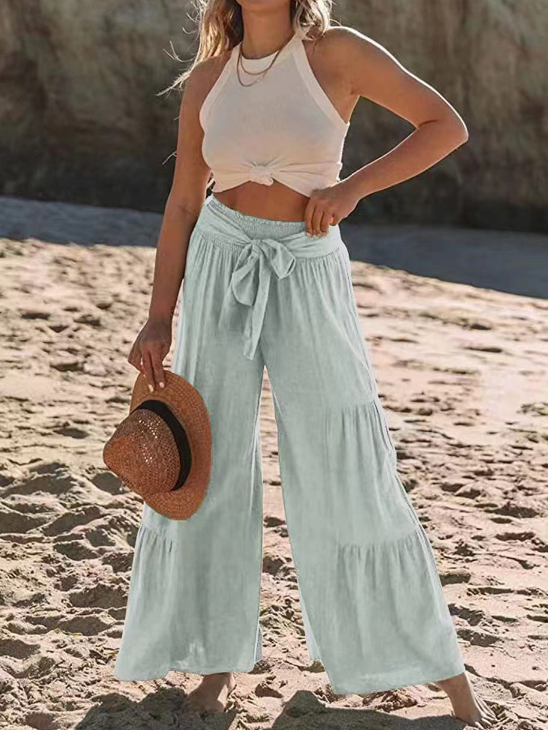 Blue Zone Planet | Tied Ruched Wide Leg Pants-BOTTOMS SIZES SMALL MEDIUM LARGE-[Adult]-[Female]-2022 Online Blue Zone Planet