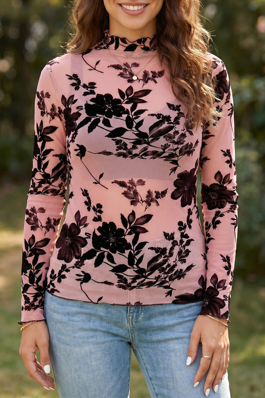 Gossamer Pink Retro Floral Print Mesh Long Sleeve Pullover Blouse-Tops/Long Sleeve Tops-[Adult]-[Female]-Gossamer Pink-S-2022 Online Blue Zone Planet