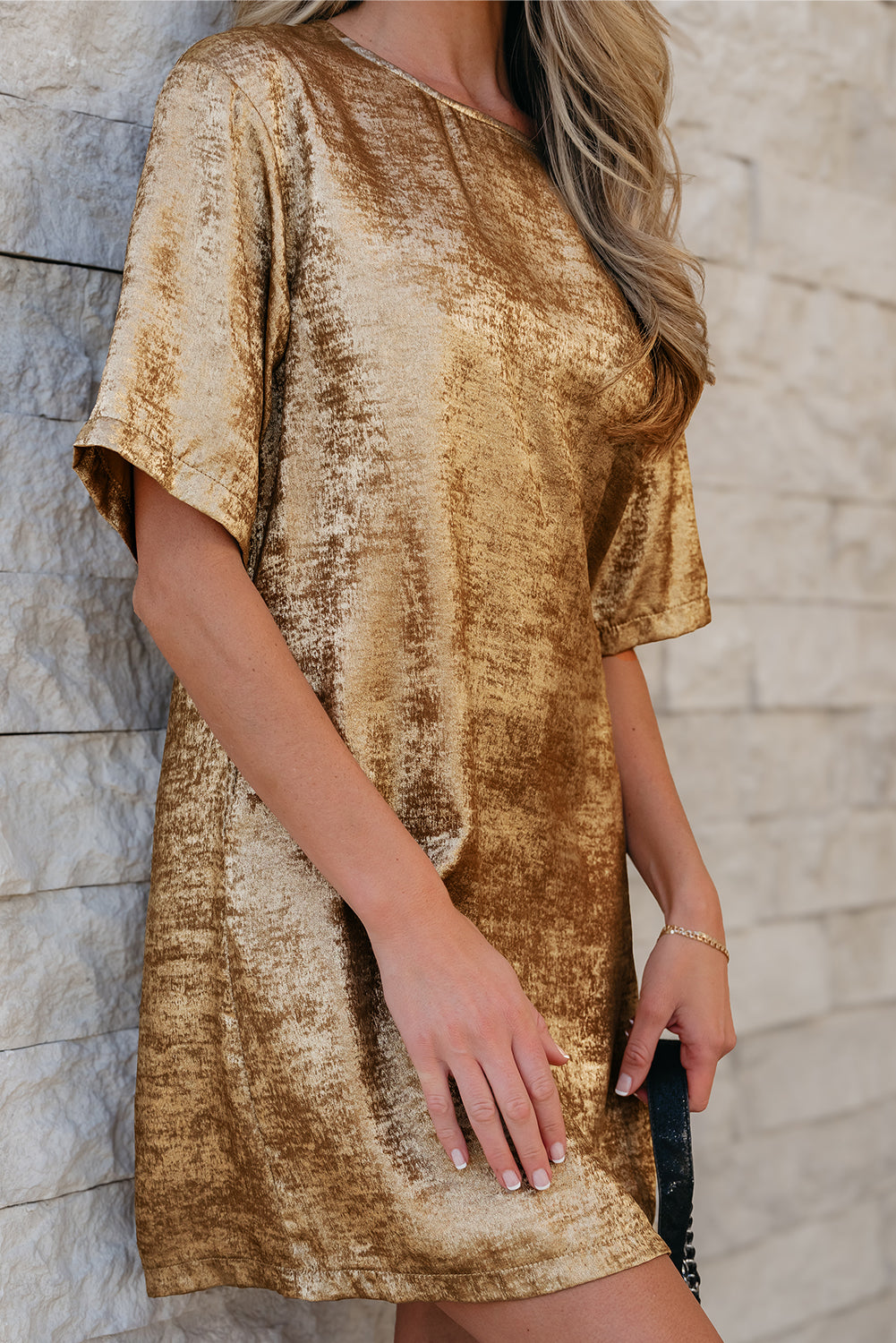 Gold Metallic Luster Crewneck Mini T-Shirt Dress-TOPS / DRESSES-[Adult]-[Female]-2022 Online Blue Zone Planet