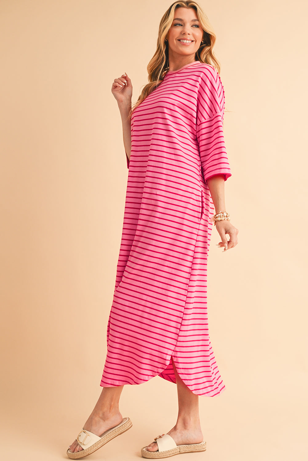 Strawberry Pink Striped Drop Sleeve Loose Dress-Maxi Dresses-[Adult]-[Female]-2022 Online Blue Zone Planet