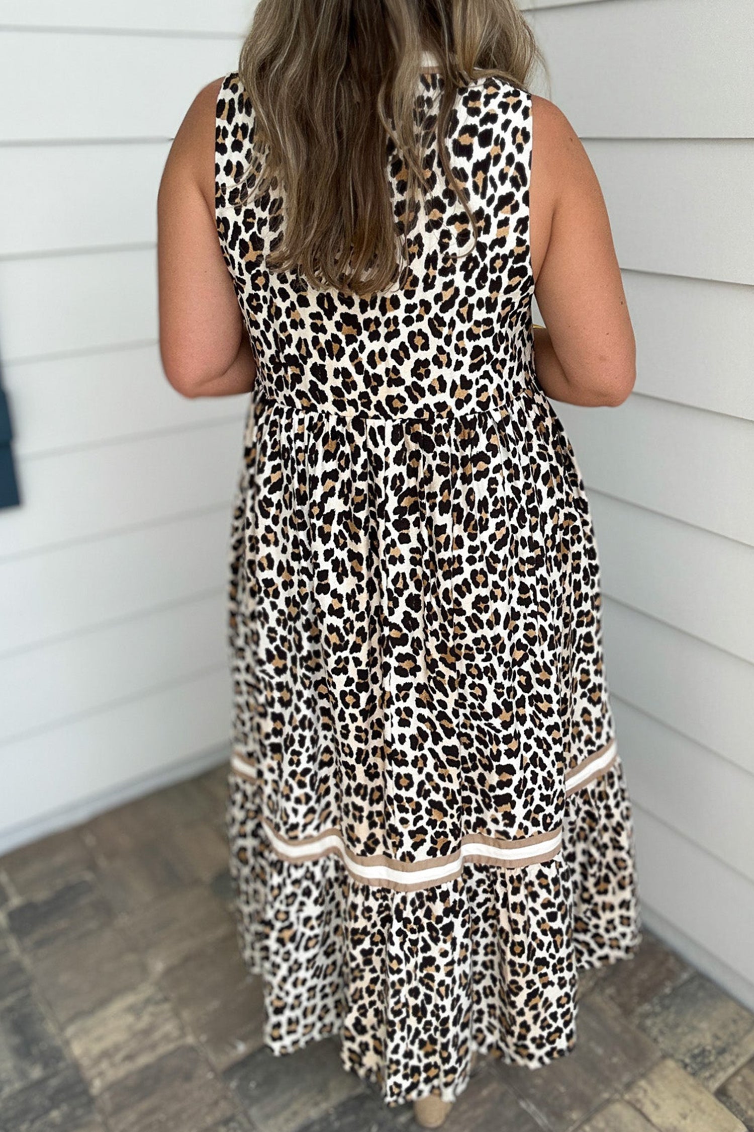 White Leopard Print Colorblock Trim Sleeveless Midi Dress-Dresses/Midi Dresses-[Adult]-[Female]-2022 Online Blue Zone Planet