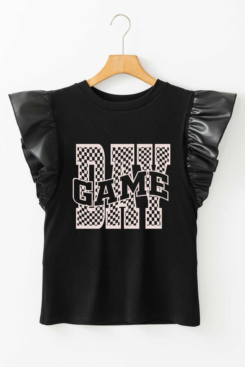 Black Game Day Checkered Letter Graphic Leatherette Ruffle Sleeve Top-Graphic/Graphic Tees-[Adult]-[Female]-2022 Online Blue Zone Planet