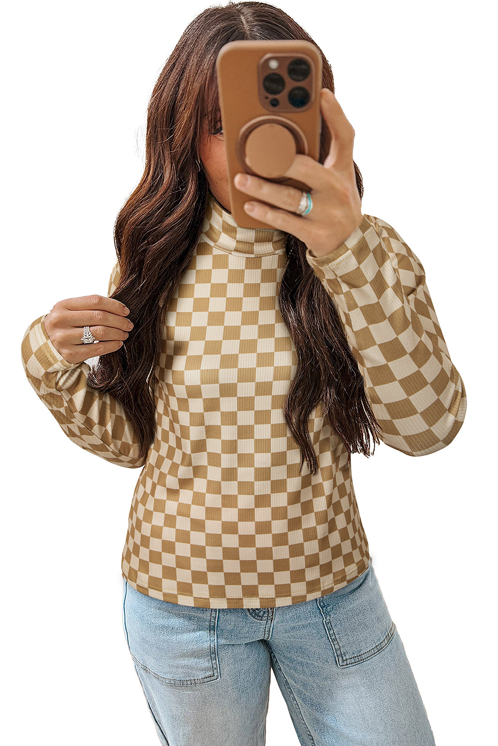 Khaki Check Pattern Turtleneck Ribbed Slim Long Sleeve Tee-Tops/Long Sleeve Tops-[Adult]-[Female]-2022 Online Blue Zone Planet
