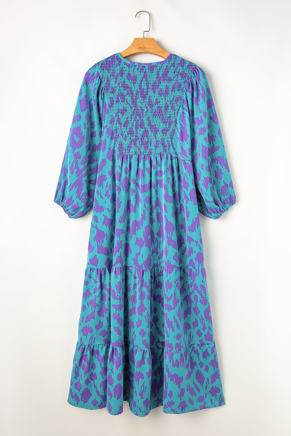 Blue Zone Planet | Sky Blue Abstract Print Puff Sleeve Tied Notched Neck Long Dress-TOPS / DRESSES-[Adult]-[Female]-2022 Online Blue Zone Planet