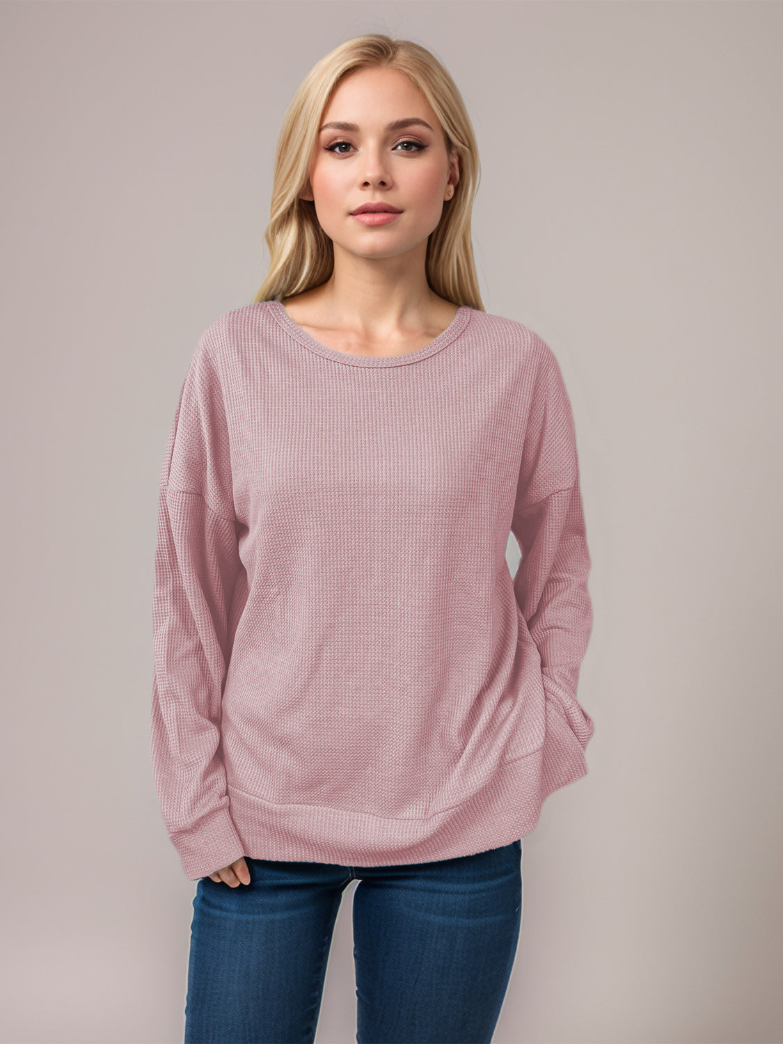 Blue Zone Planet | Side Slit Round Neck Long Sleeve T-Shirt-TOPS / DRESSES-[Adult]-[Female]-Dusty Pink-S-2022 Online Blue Zone Planet